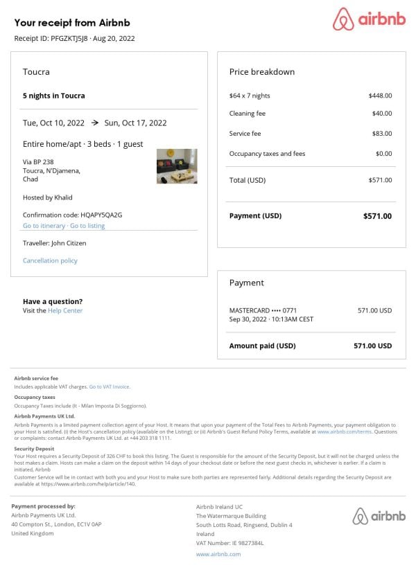 Chad Airbnb booking confirmation Word and PDF template