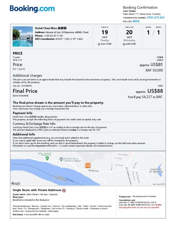 Chad hotel booking confirmation Word and PDF template, 2 pages
