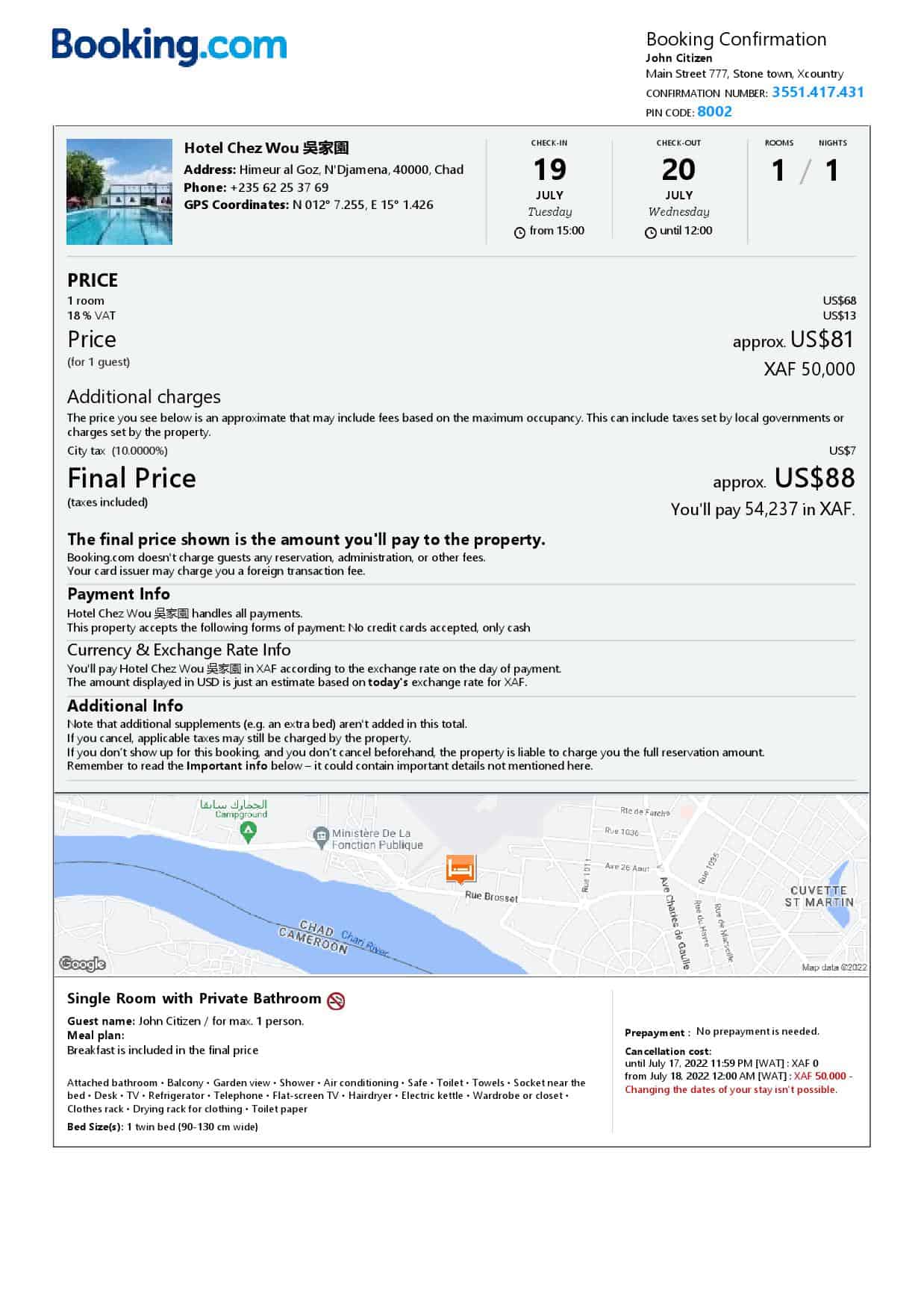 Chad hotel booking confirmation Word and PDF template, 2 pages Chad hotel booking confirmation Word and PDF template, 2 pages