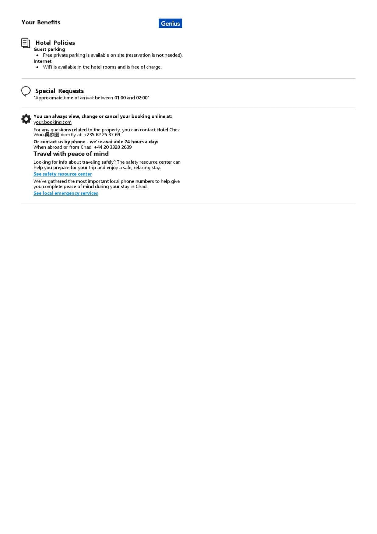 Chad hotel booking confirmation Word and PDF template, 2 pages Chad hotel booking confirmation Word and PDF template, 2 pages