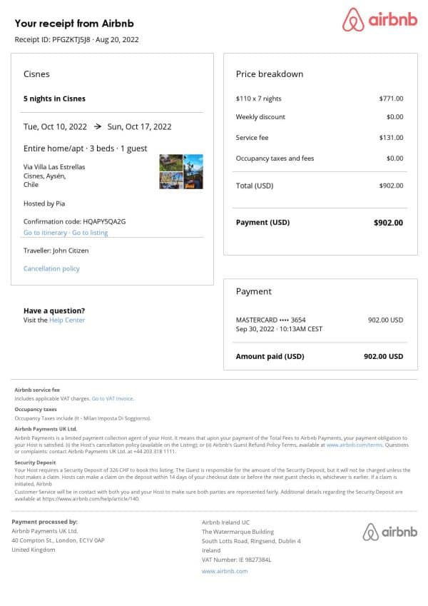 Chile Airbnb booking confirmation Word and PDF template