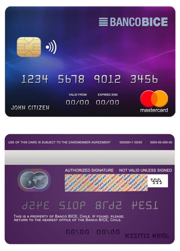 Chile BICE bank mastercard credit card Editable Chile BICE bank mastercard credit card Templates in PSD Format