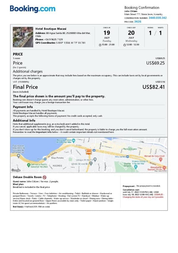Chile hotel booking confirmation Word and PDF template, 2 pages