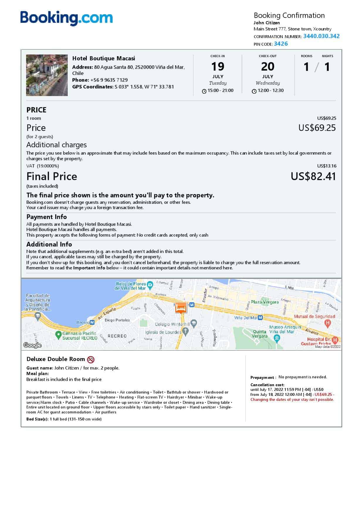 Chile hotel booking confirmation Word and PDF template, 2 pages Chile hotel booking confirmation Word and PDF template, 2 pages