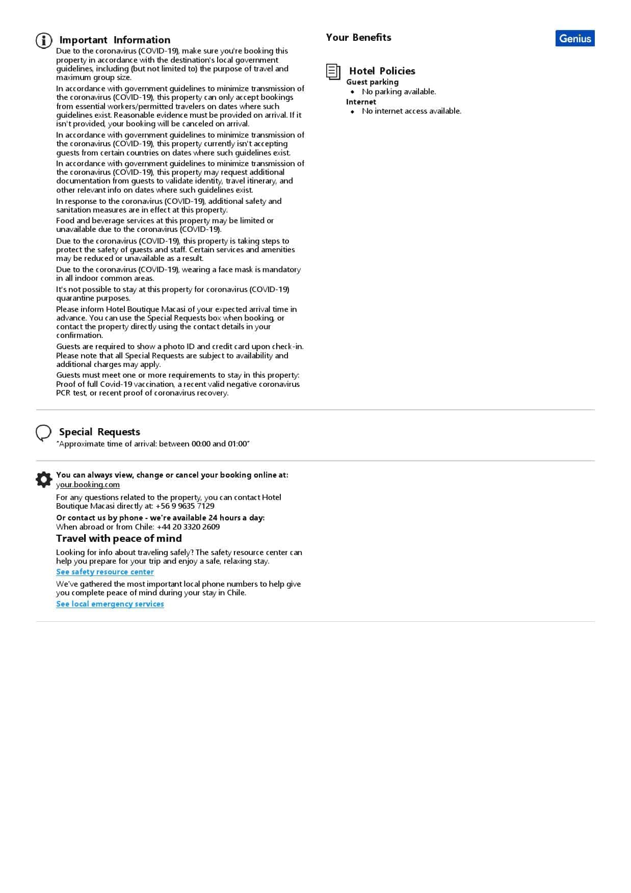 Chile hotel booking confirmation Word and PDF template, 2 pages Chile hotel booking confirmation Word and PDF template, 2 pages