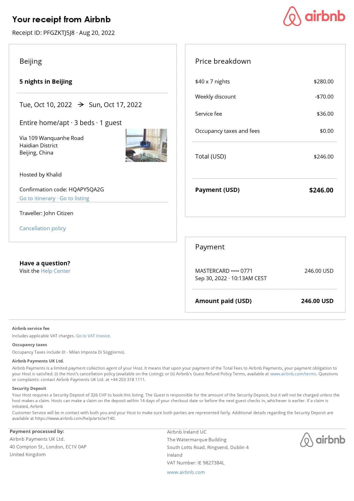 China Airbnb booking confirmation Word and PDF template China Airbnb booking confirmation Word and PDF template