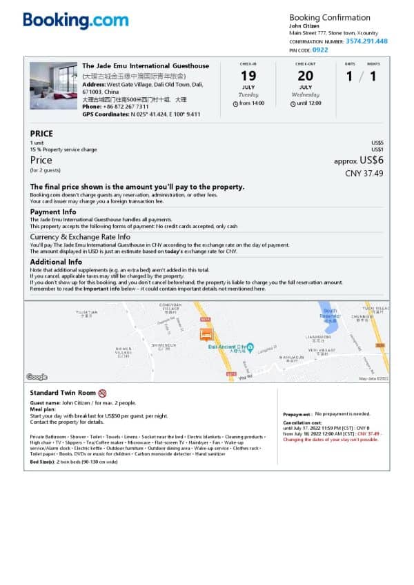 China hotel booking confirmation Word and PDF template, 2 pages