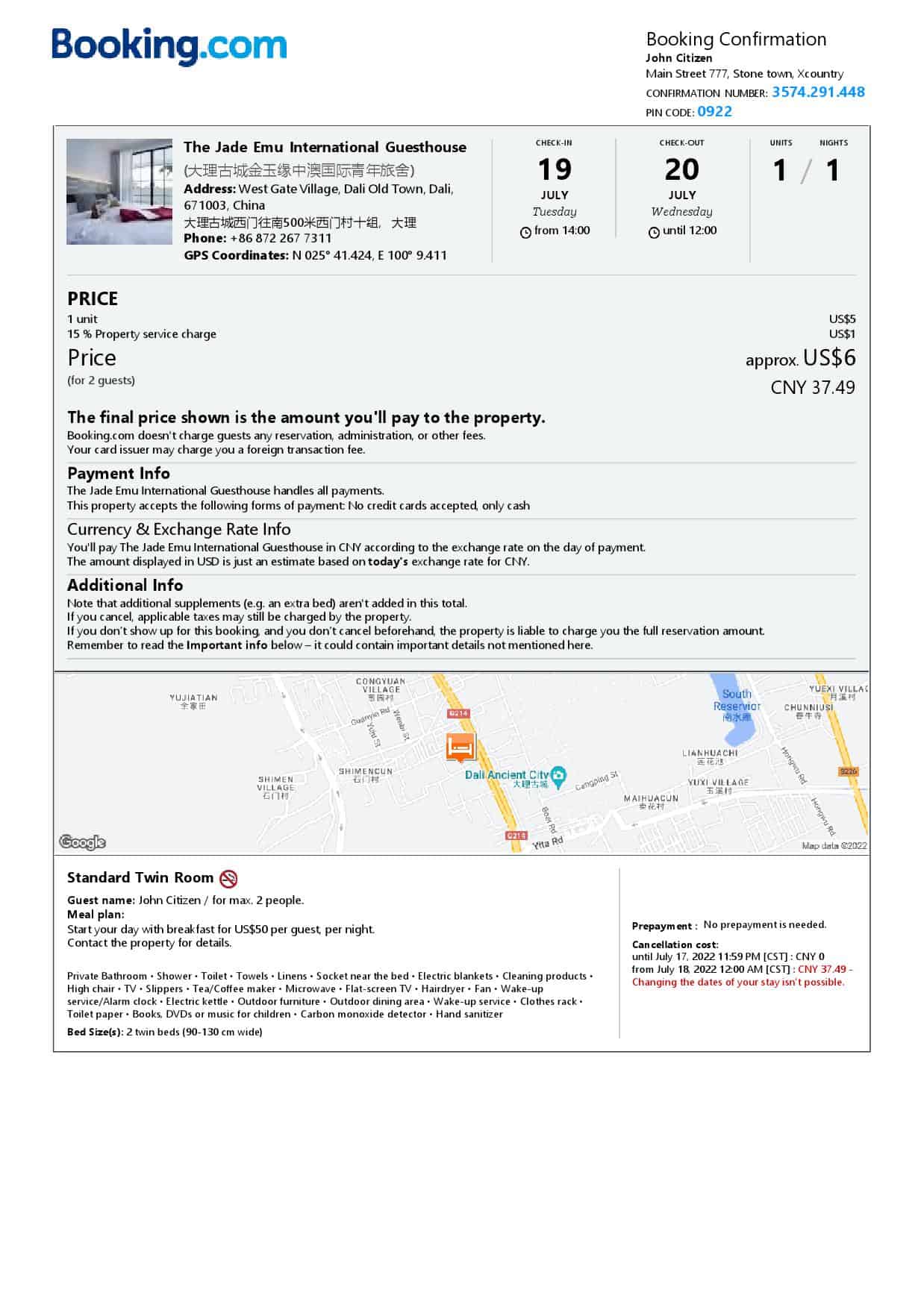 China hotel booking confirmation Word and PDF template, 2 pages China hotel booking confirmation Word and PDF template, 2 pages