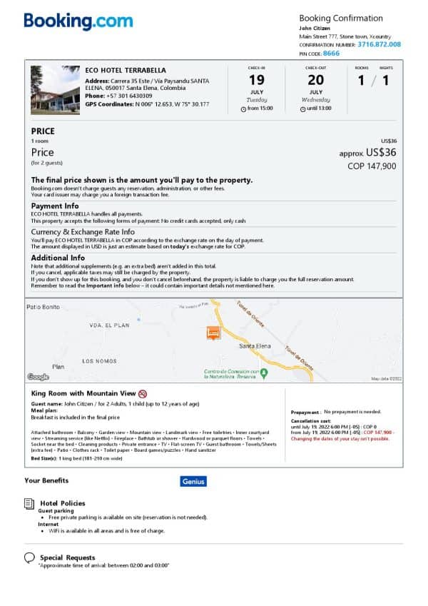 Colombia hotel booking confirmation Word and PDF template, 2 pages