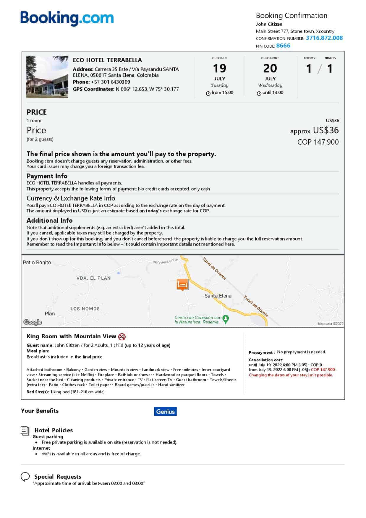 Colombia Confirmation Colombia hotel booking confirmation Word and PDF template, 2 pages
