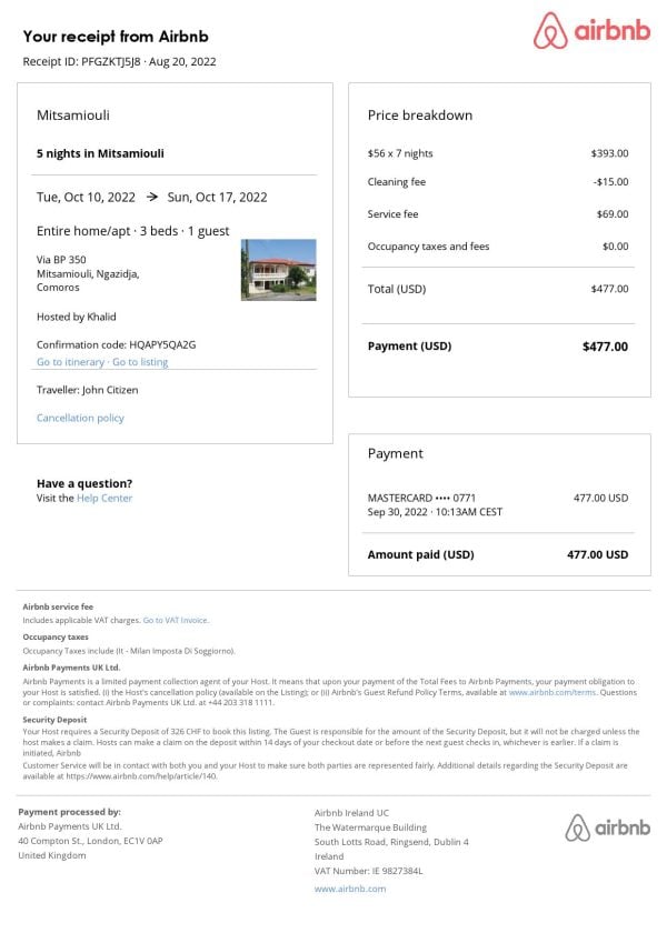 Comoros Airbnb booking confirmation Word and PDF template