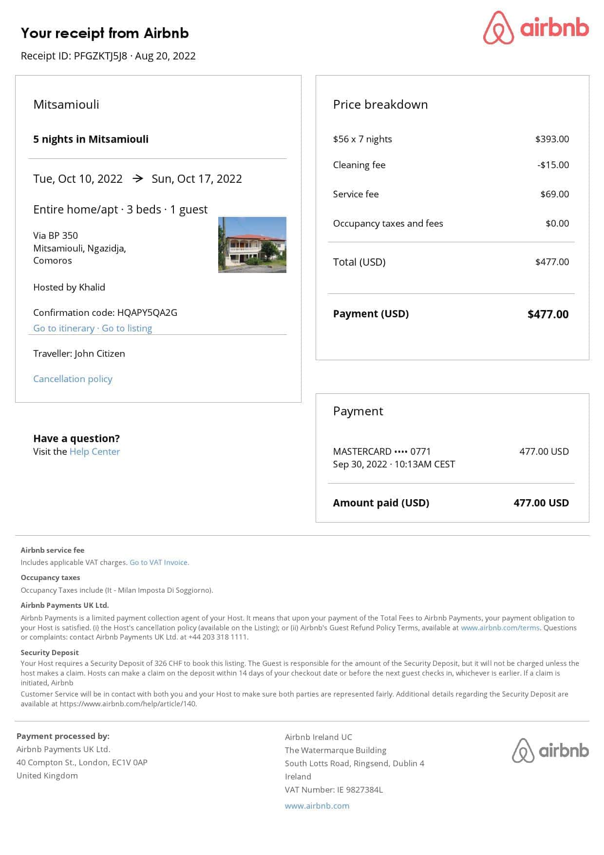 Comoros Airbnb booking confirmation Word and PDF template Comoros Airbnb booking confirmation Word and PDF template