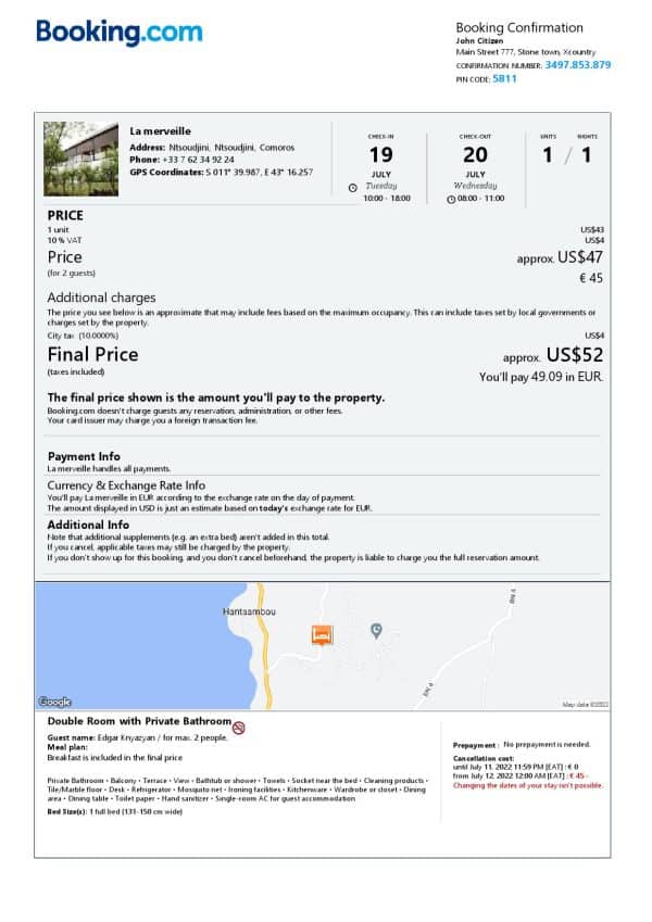 Comoros hotel booking confirmation Word and PDF template, 2 pages V