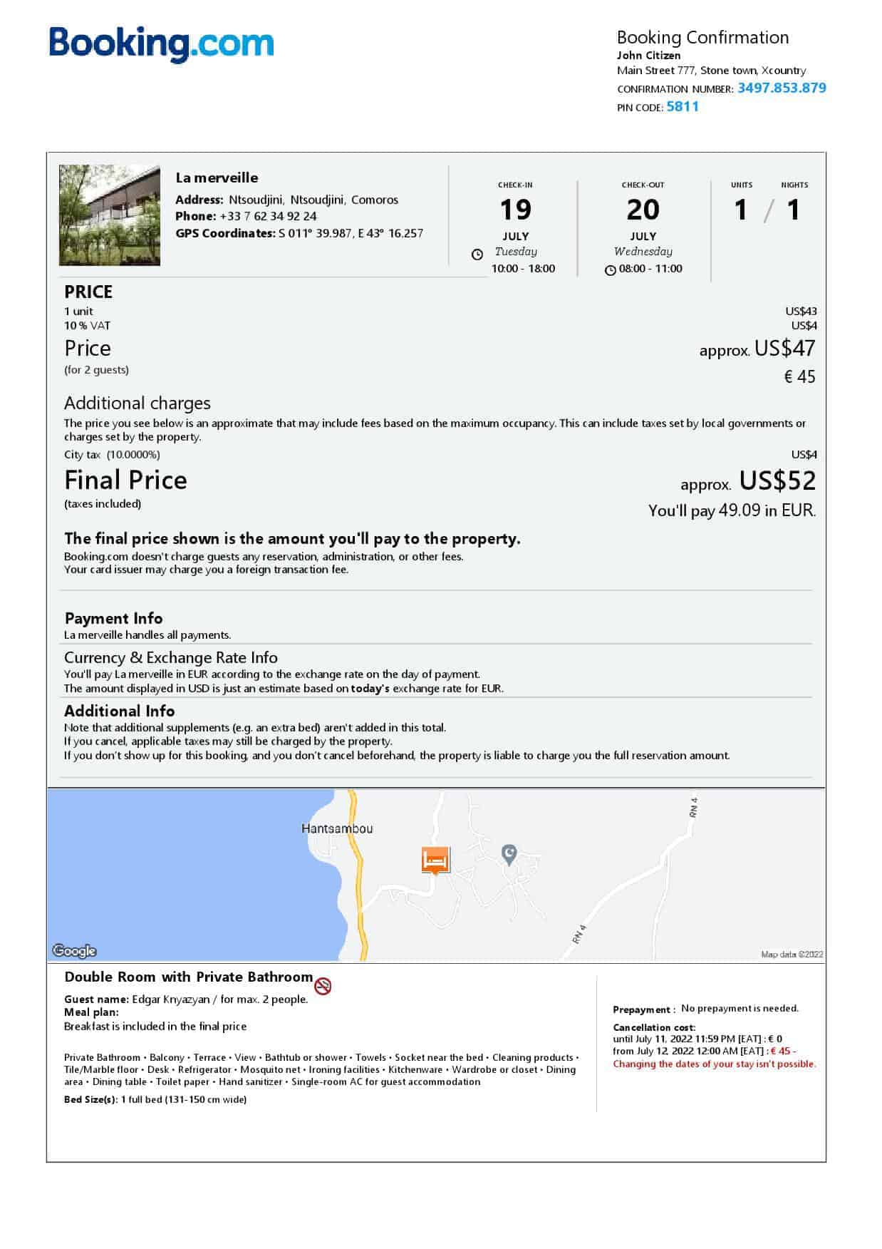 Comoros hotel booking confirmation Word and PDF template, 2 pages Comoros hotel booking confirmation Word and PDF template, 2 pages V