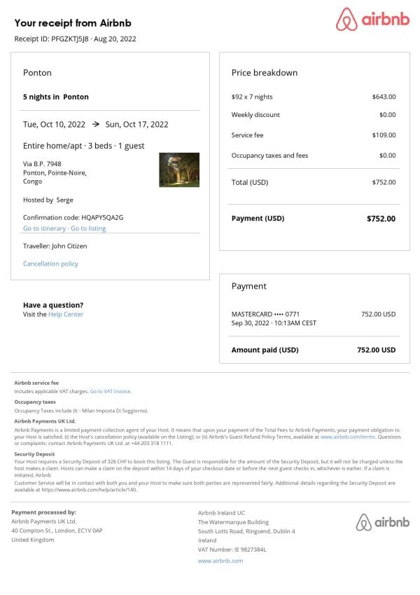Congo Airbnb booking confirmation Word and PDF template