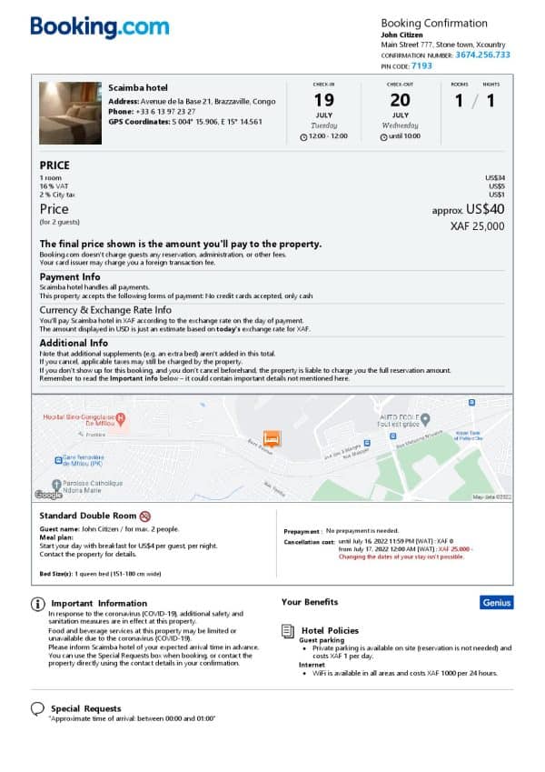 Congo hotel booking confirmation Word and PDF template, 2 pages