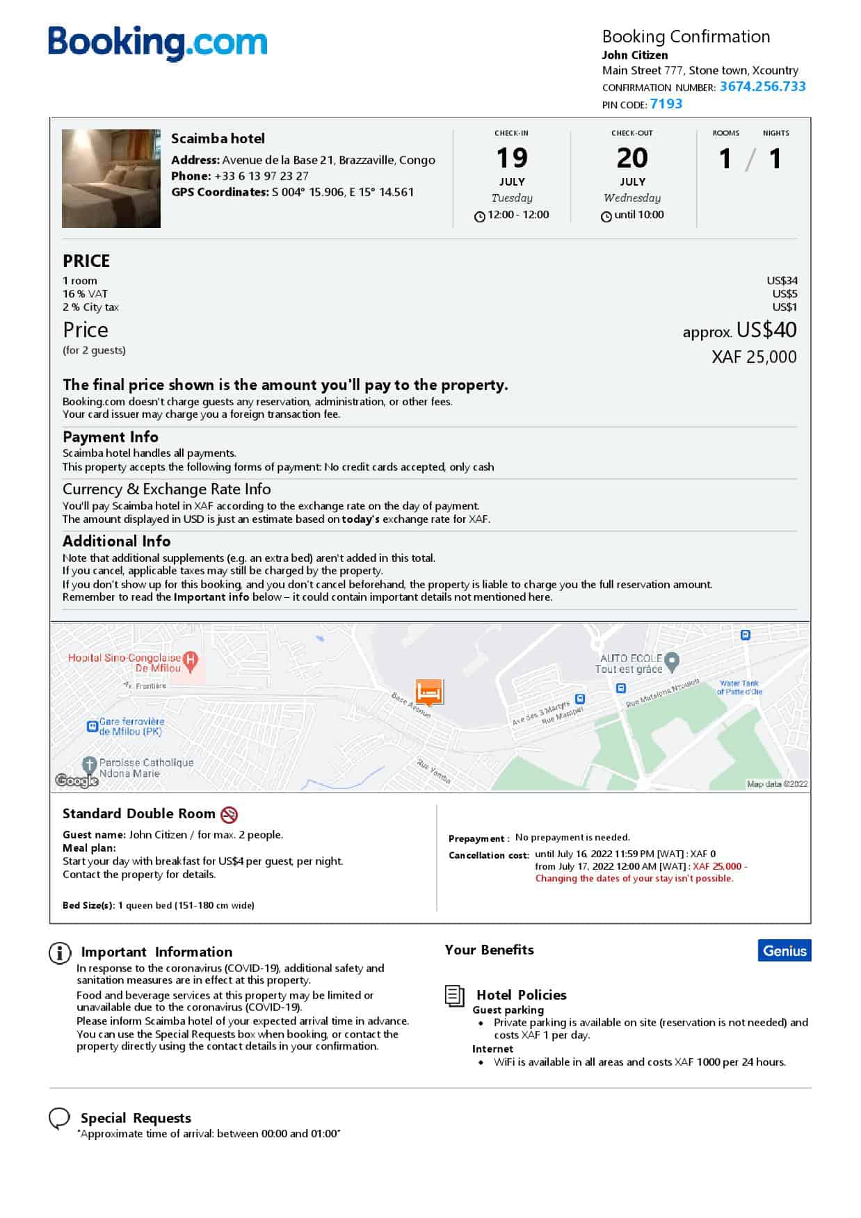 Congo hotel booking confirmation Word and PDF template, 2 pages Congo hotel booking confirmation Word and PDF template, 2 pages