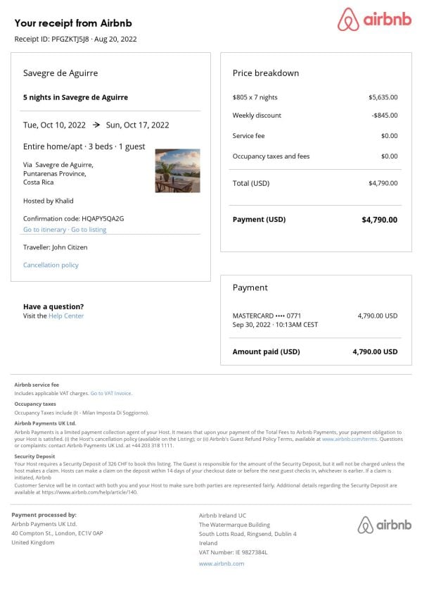 Costa Rica Airbnb booking confirmation Word and PDF template