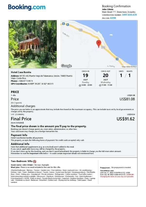 Costa Rica hotel booking confirmation Word and PDF template, 2 pages