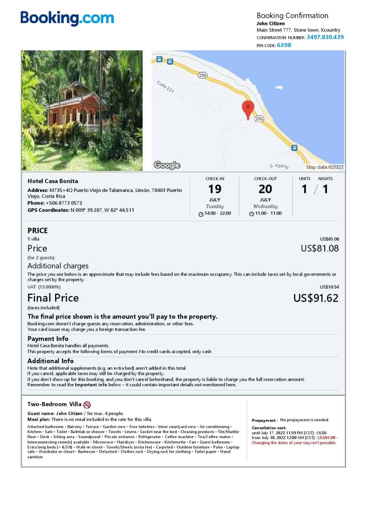 Costa Rica hotel booking confirmation Word and PDF template, 2 pages Costa Rica hotel booking confirmation Word and PDF template, 2 pages