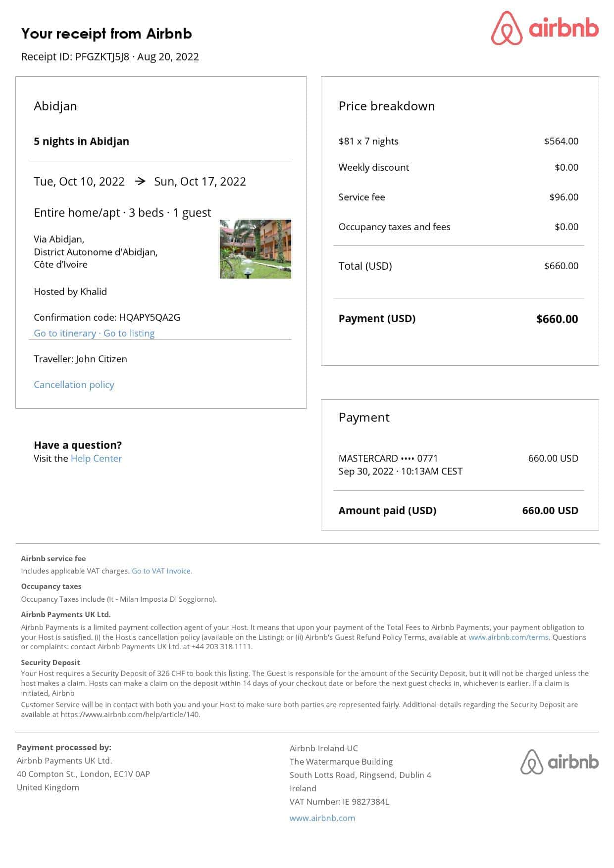 Côte d’Ivoire Airbnb booking confirmation Word and PDF template Côte d’Ivoire Airbnb booking confirmation Word and PDF template