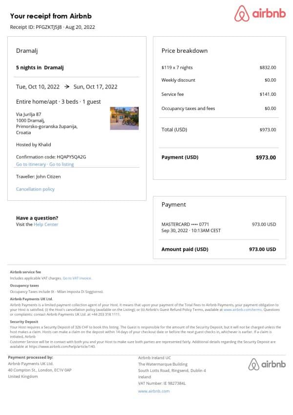 Croatia Airbnb booking confirmation Word and PDF template