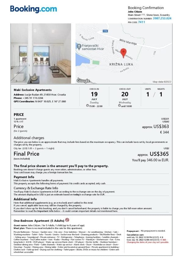 Croatia hotel booking confirmation Word and PDF template, 2 pages