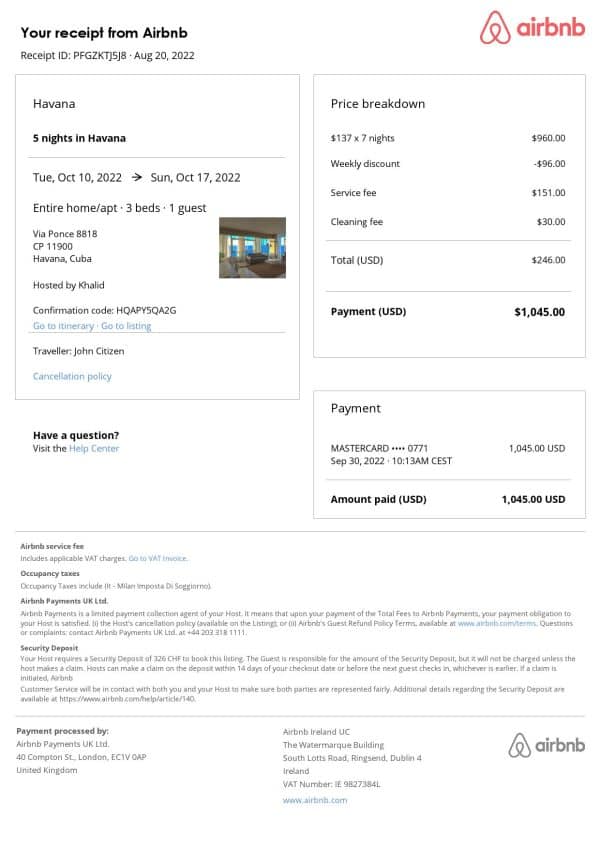 Cuba Airbnb booking confirmation Word and PDF template