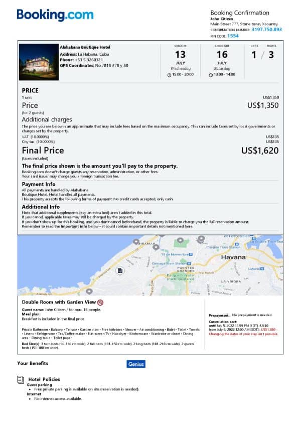 Cuba hotel booking confirmation Word and PDF template, 2 pages