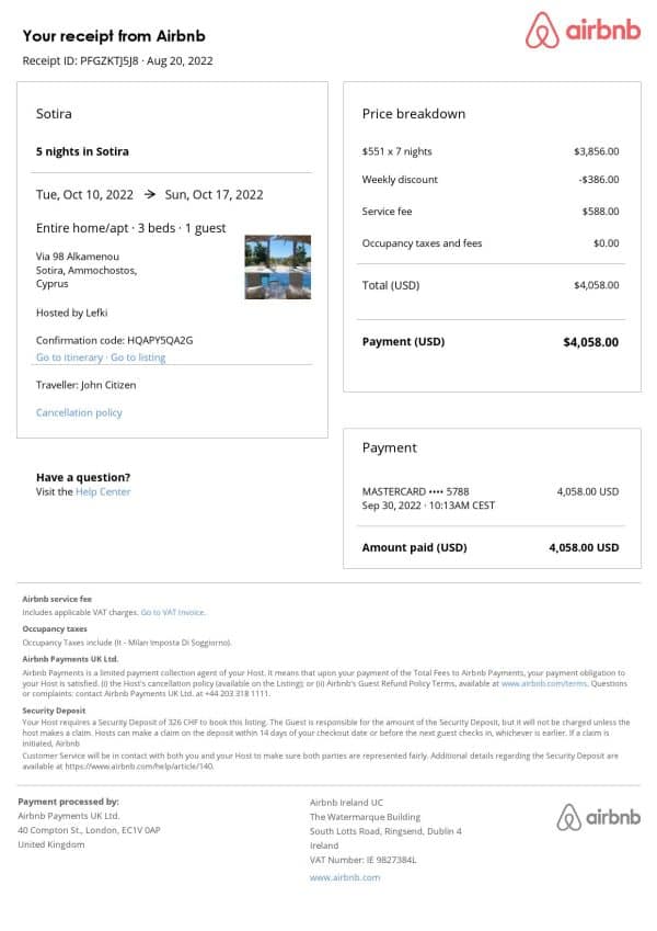 Cyprus Airbnb booking confirmation Word and PDF template