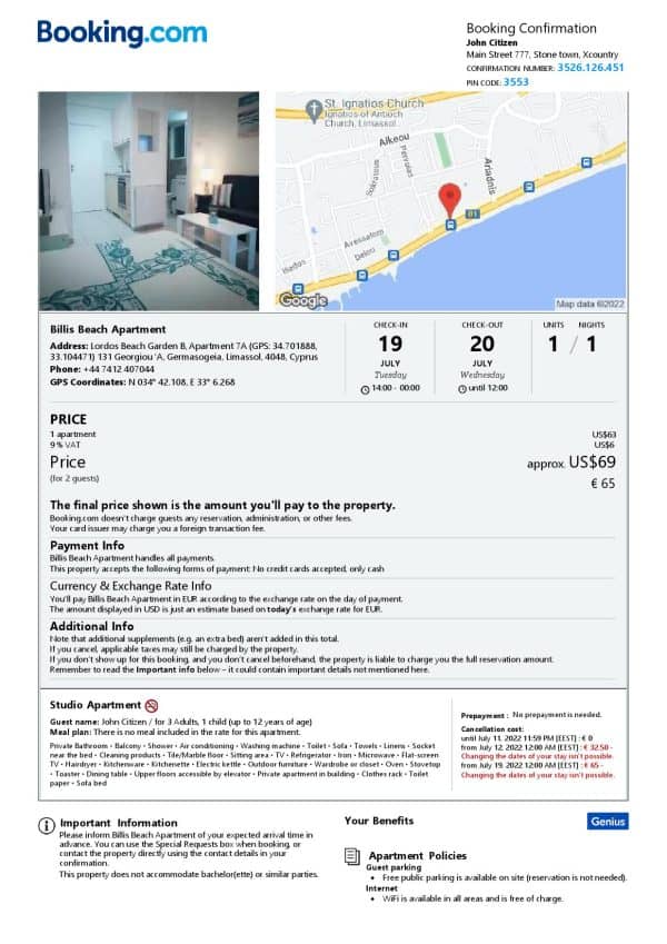 Cyprus hotel booking confirmation Word and PDF template, 2 pages