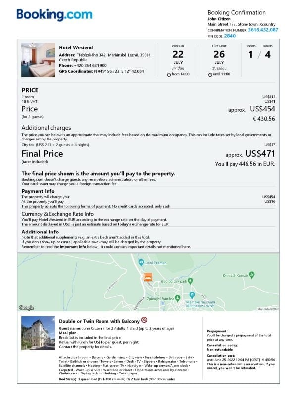 Czech Republic hotel booking confirmation Word and PDF template, 2 pages
