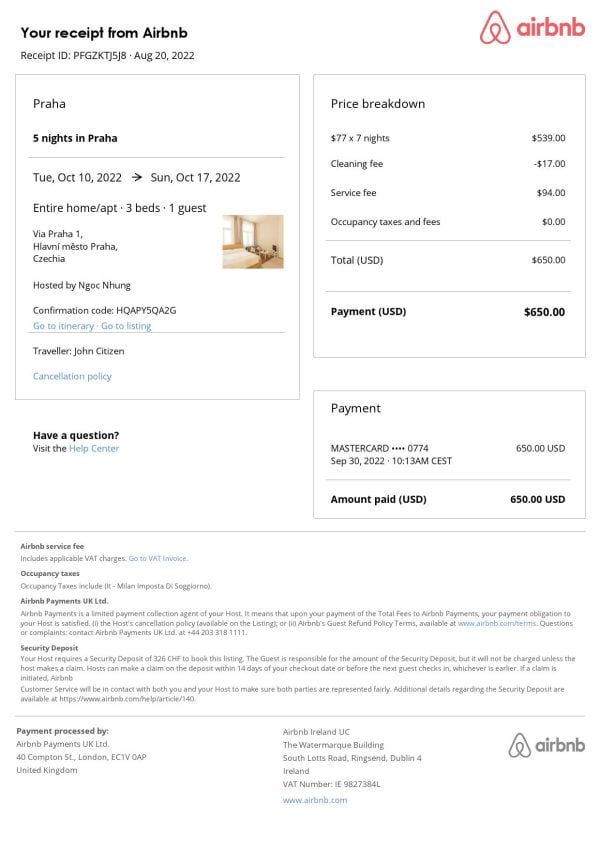 Czechia Airbnb booking confirmation Word and PDF template
