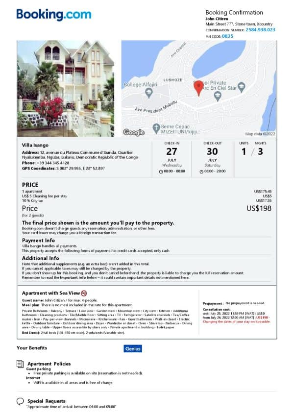 Democratic Republic of the Congo hotel booking confirmation Word and PDF template, 2 pages