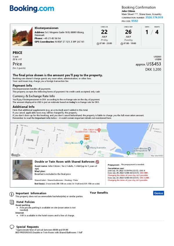Denmark hotel booking confirmation Word and PDF template, 2 pages