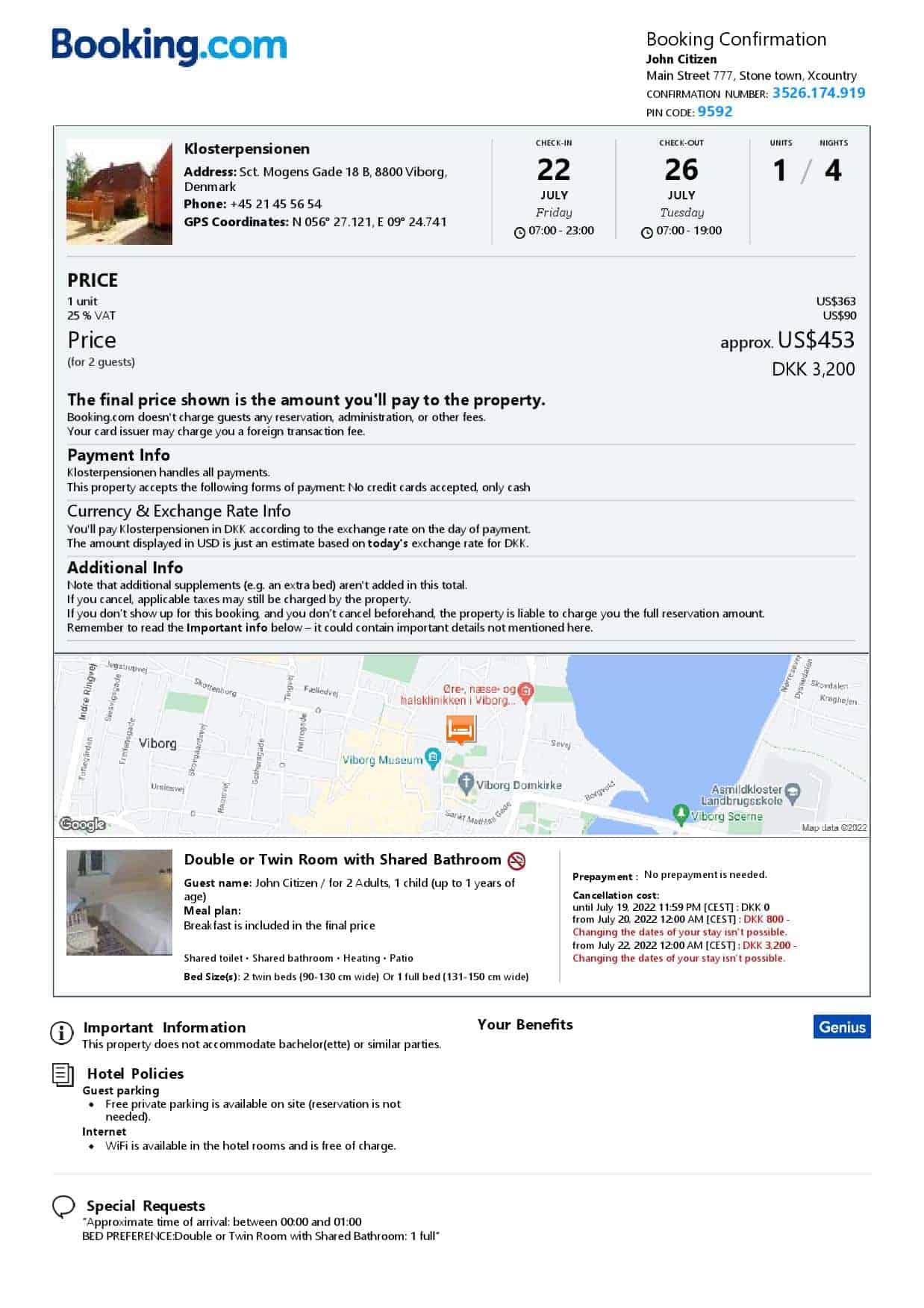 Denmark hotel booking confirmation Word and PDF template, 2 pages Denmark hotel booking confirmation Word and PDF template, 2 pages