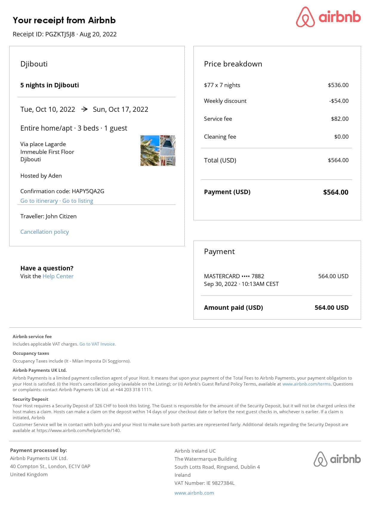 Djibouti Airbnb booking confirmation Word and PDF template Djibouti Airbnb booking confirmation Word and PDF template