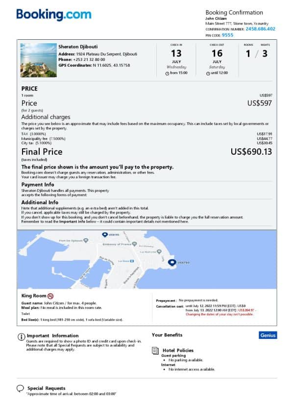 Djibouti hotel booking confirmation Word and PDF template, 2 pages