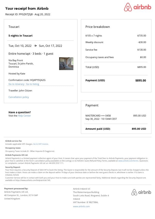 Dominica Airbnb Dominica Airbnb booking confirmation Word and PDF template