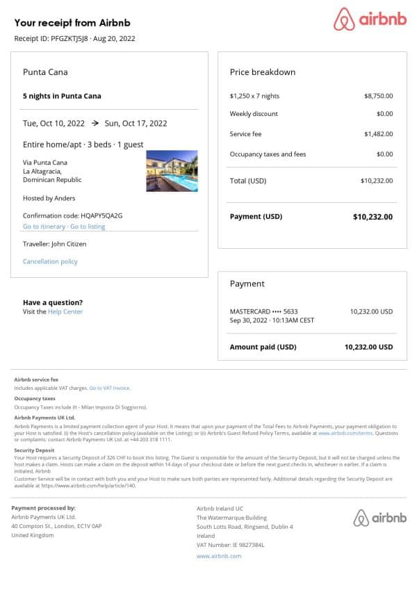 Dominican Republic Airbnb booking confirmation Word and PDF template Dominican Republic Airbnb booking confirmation Word and PDF template