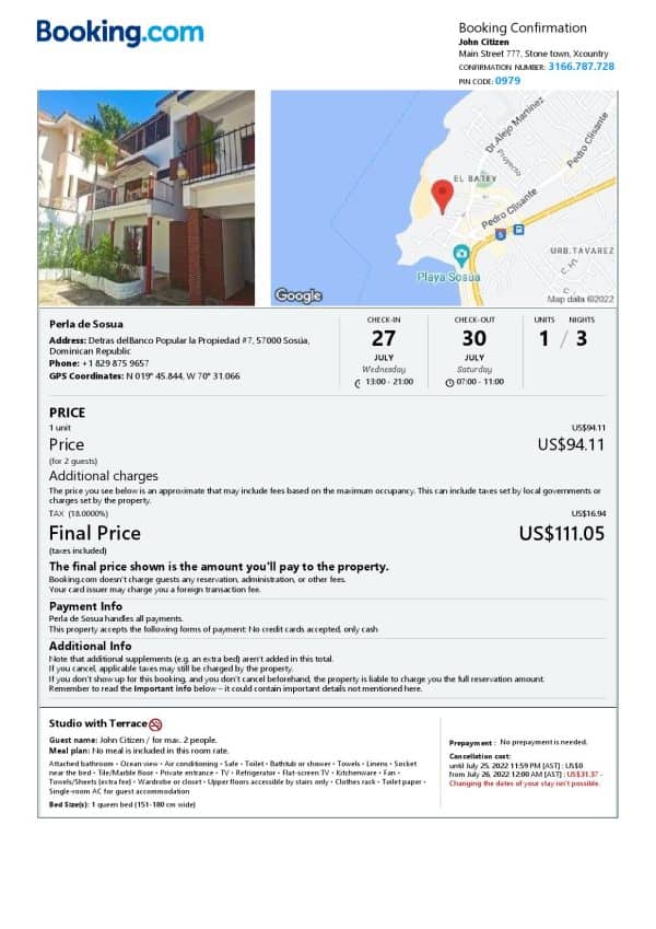Dominican Republic hotel booking confirmation Word and PDF template, 2 pages
