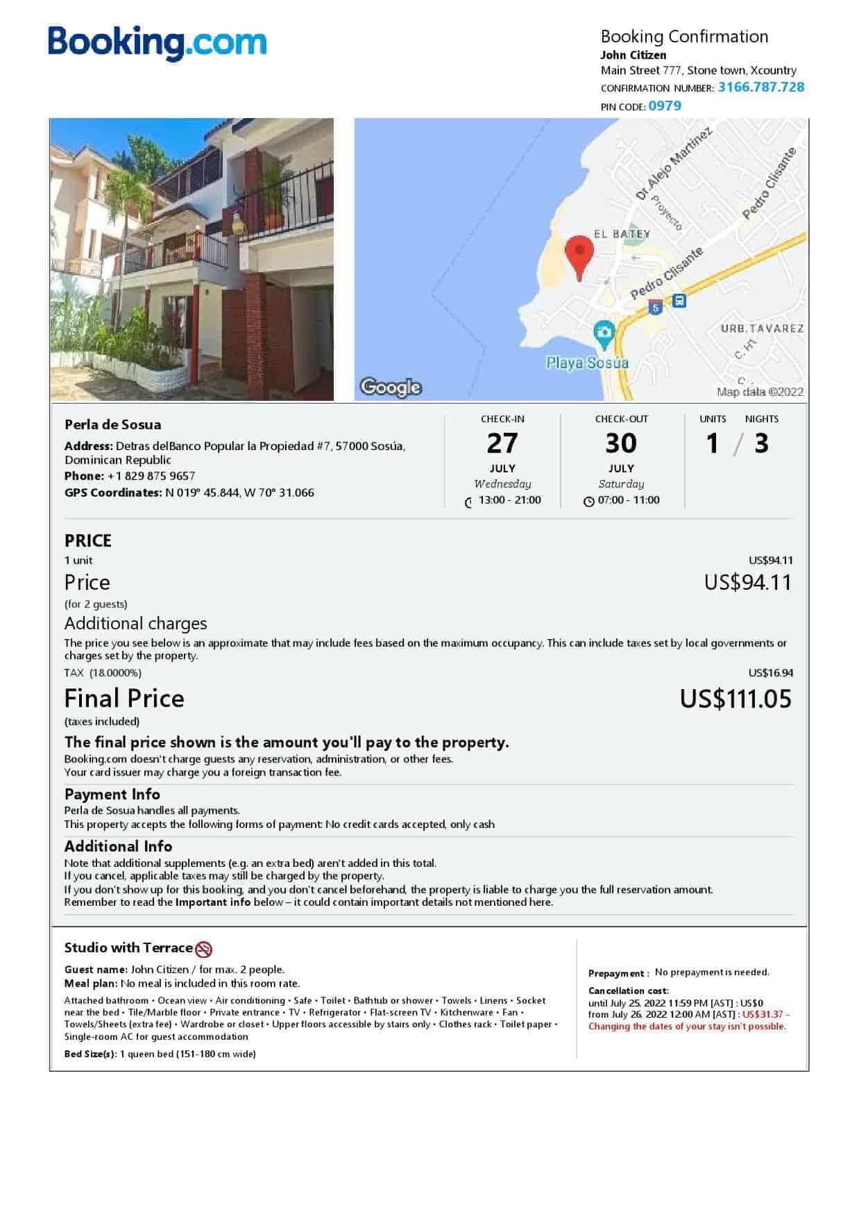 Dominican Republic hotel booking confirmation Word and PDF template, 2 pages Dominican Republic hotel booking confirmation Word and PDF template, 2 pages