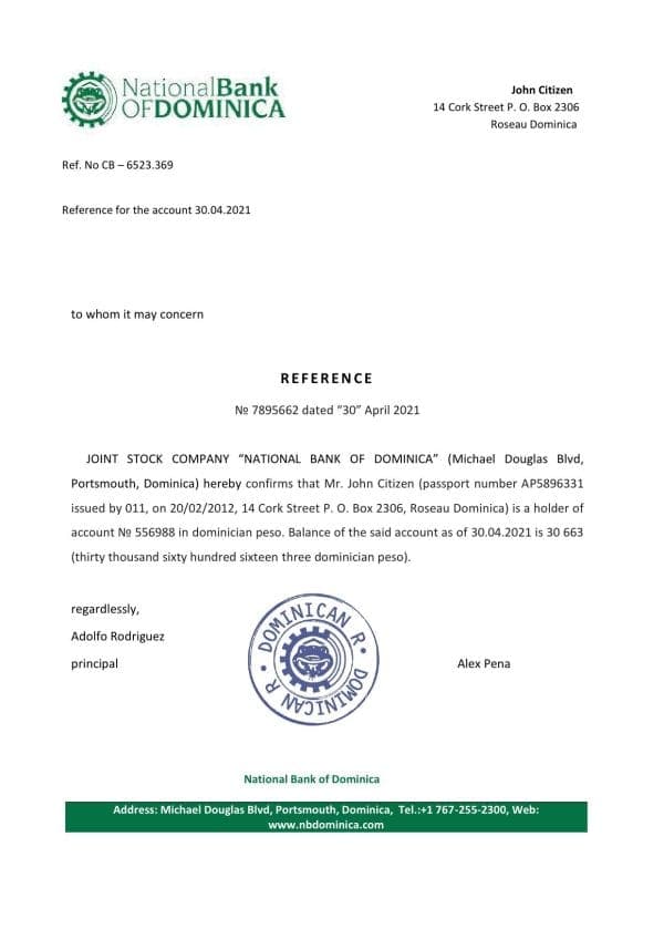 Dominica National Bank of Dominica bank account reference letter template in Word and PDF format