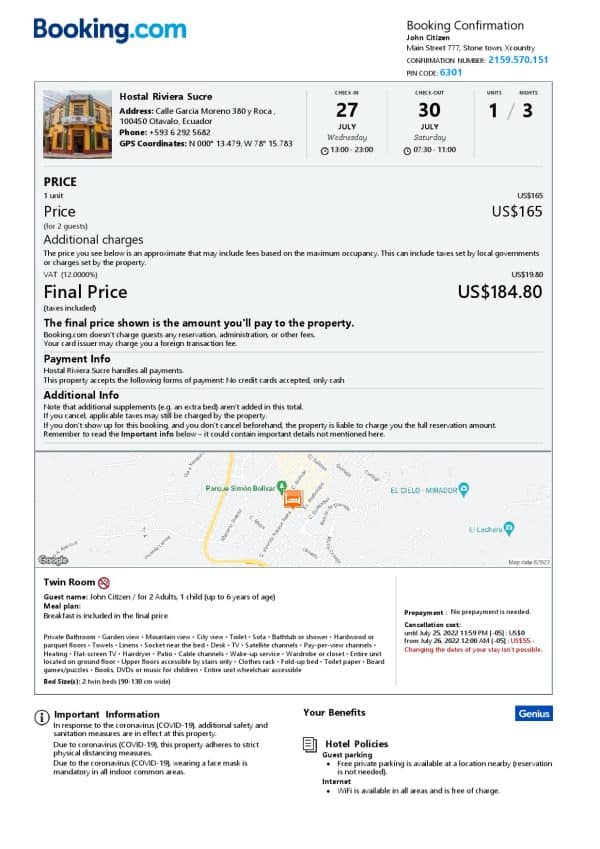 Ecuador hotel booking confirmation Word and PDF template, 2 pages
