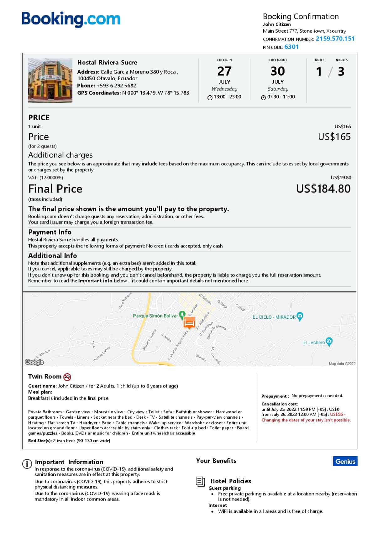 Ecuador hotel booking confirmation Word and PDF template, 2 pages Ecuador hotel booking confirmation Word and PDF template, 2 pages