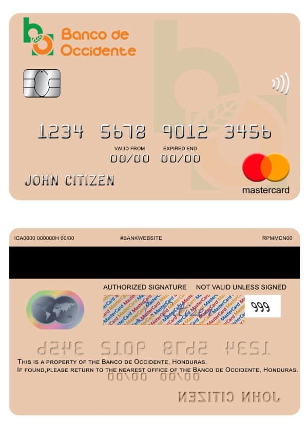 Editable Honduras Banco de Occidente mastercard Templates Editable Honduras Banco de Occidente mastercard Templates