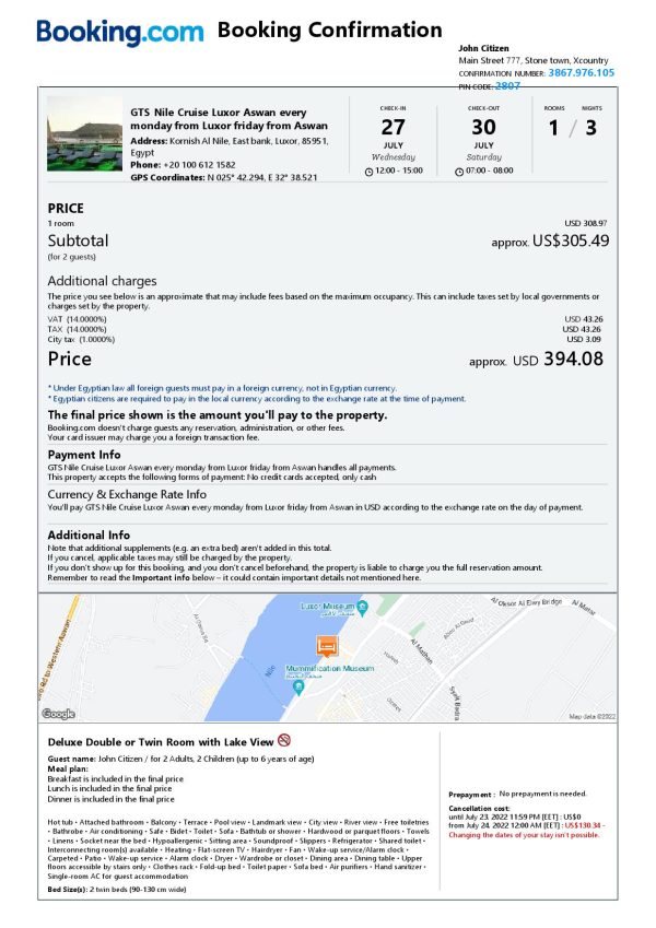 Egypt hotel booking confirmation Word and PDF template, 2 pages