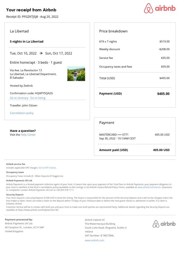 El Salvador Airbnb reservation confirmation Word and PDF template El Salvador Airbnb reservation confirmation Word and PDF template