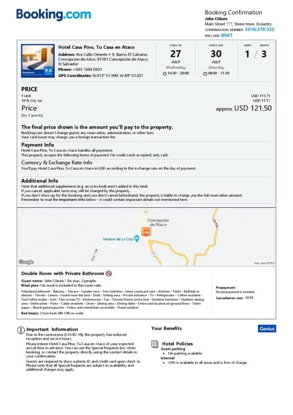 El Salvador hotel booking confirmation Word and PDF template, 2 pages