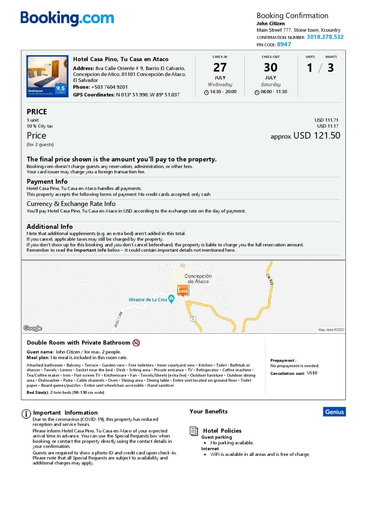 El Salvador hotel booking confirmation Word and PDF template, 2 pages El Salvador hotel booking confirmation Word and PDF template, 2 pages